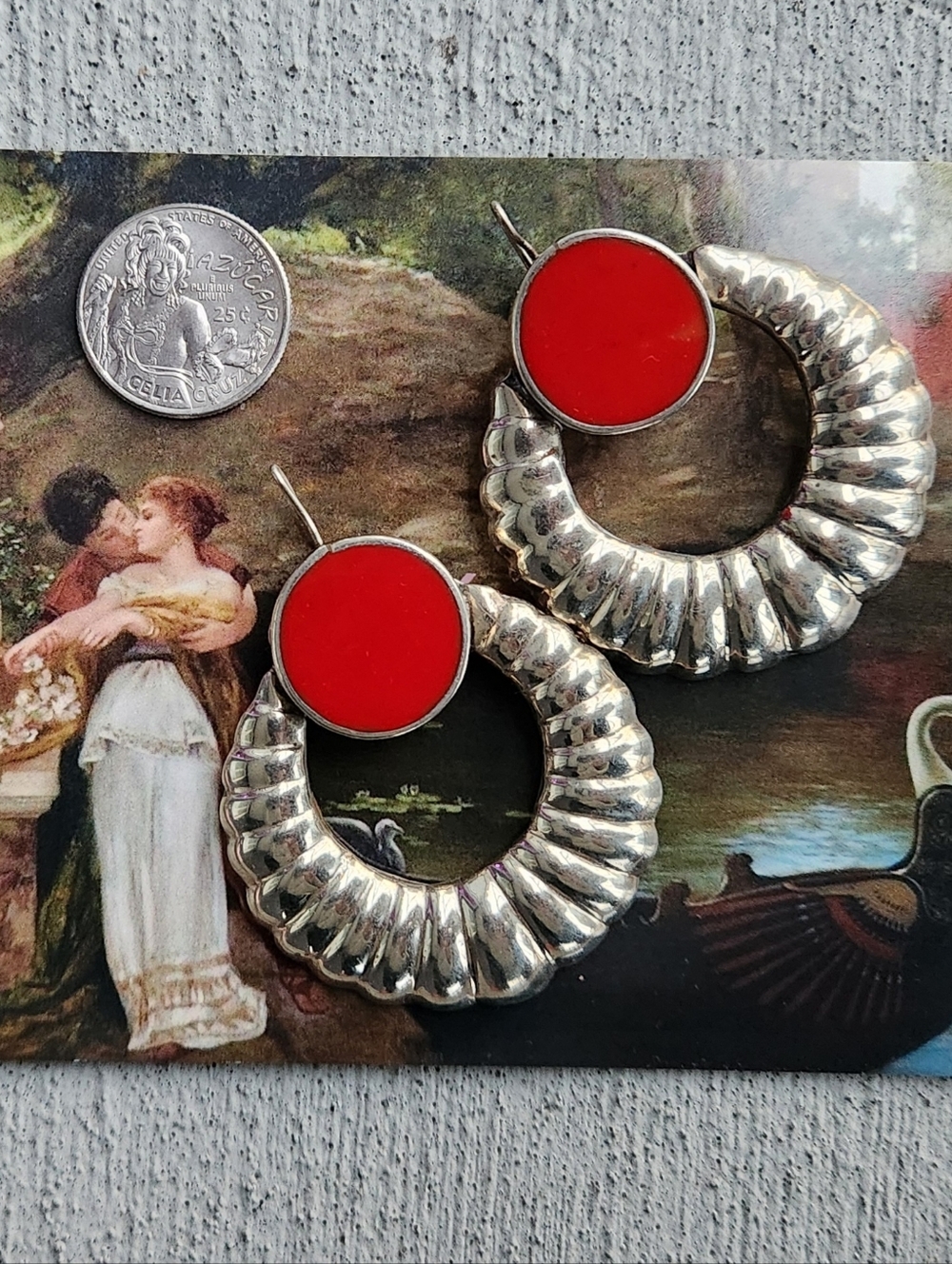 Amazing statement Mexican silver large ridged earrings with a red cabachon. 2.5 - Picture 4 of 5